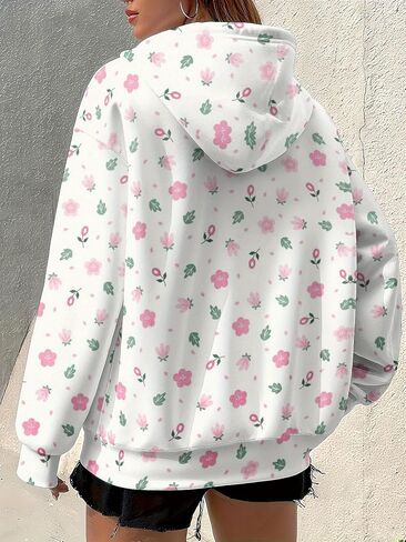 Women's Christmas Floral Zip Hoodie Soft Pink Print Sweatshirt Full Zip Front Comfortable Casual Jacket Hooded Top Coat in Saudi Arabia