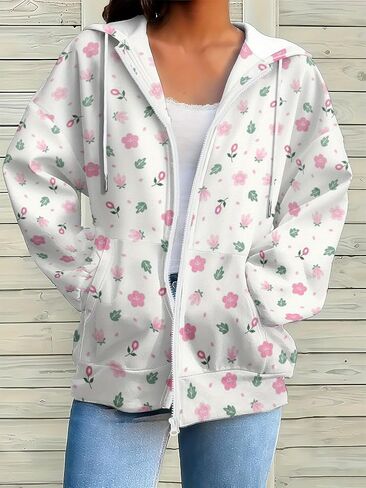 Women's Christmas Floral Zip Hoodie Soft Pink Print Sweatshirt Full Zip Front Comfortable Casual Jacket Hooded Top Coat in Saudi Arabia