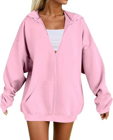 سترة نسائية بغطاء للرأس بسحاب مقاس كبير وأكمام طويلة مع قلنسوة للخريف والشتاء، سترة عصرية كاجوال مع جيوب in Kuwait