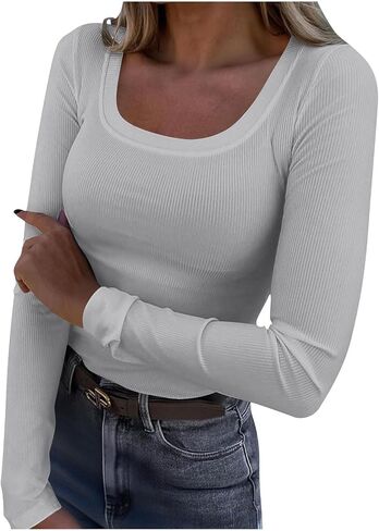 المرأة طويلة الأكمام مغرفة الرقبة مضلع متماسكة المجهزة قمصان أساسية عادية الحرارية الملابس الداخلية المحملة العمل تمتد بلوزة in Saudi Arabia