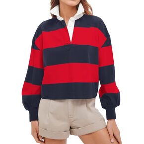Womens Striped Color Block Polo Sweatshirt Y2k Long Sleeve Lapel Collar Rugby Shirt Button V Neck Pullover Crop Tops in Saudi Arabia