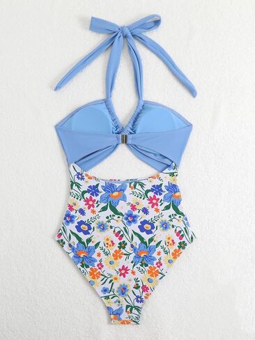 Women's Two-Piece Swimsuit High Waisted Bikini Set with Cross Front Halter Top,Floral Print Suitable for Seaside in Saudi Arabia