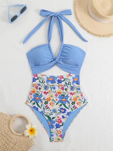 Women's Two-Piece Swimsuit High Waisted Bikini Set with Cross Front Halter Top,Floral Print Suitable for Seaside in Saudi Arabia