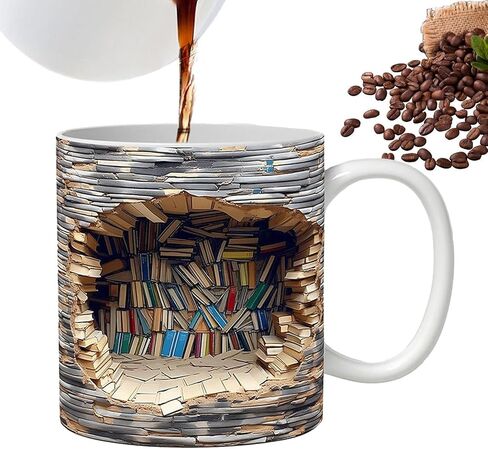3D Bookshelf Mug, 3D Bookshelf Coffee Mug, Library Shelf Cup, Book Lovers Coffee Mug, Creative Space Design Multi-Purpose Ceramic Mug, Cool Gifts for Readers Bookish 3D White Mug (White B) in Saudi Arabia
