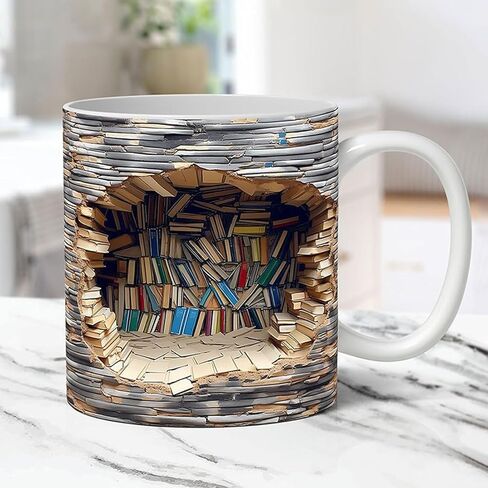 3D Bookshelf Mug, 3D Bookshelf Coffee Mug, Library Shelf Cup, Book Lovers Coffee Mug, Creative Space Design Multi-Purpose Ceramic Mug, Cool Gifts for Readers Bookish 3D White Mug (White B) in Saudi Arabia