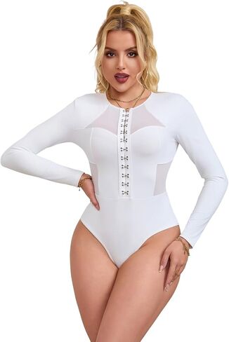 comeondear Womens Trendy Sexy Bodysuit Hook Crew Neck Long Sleeve Sheer Mesh Breathable Soft Slim Fit Bodysuits Tops in Saudi Arabia