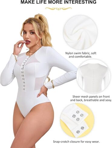 comeondear Womens Trendy Sexy Bodysuit Hook Crew Neck Long Sleeve Sheer Mesh Breathable Soft Slim Fit Bodysuits Tops in Saudi Arabia