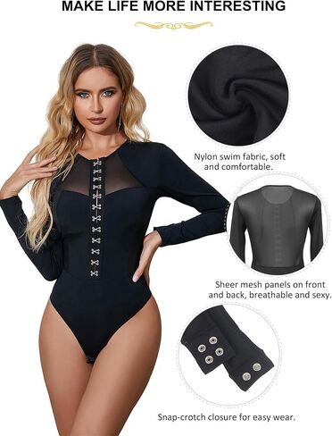 comeondear Womens Trendy Sexy Bodysuit Hook Crew Neck Long Sleeve Sheer Mesh Breathable Soft Slim Fit Bodysuits Tops in Saudi Arabia