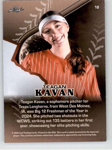 2024 Leaf Lone Star Softball #18 Teagan Kavan Texas Longhorns بطاقة الكرة اللينة الرسمية للسيدات بحالة خام (NM أو أفضل) in Saudi Arabia