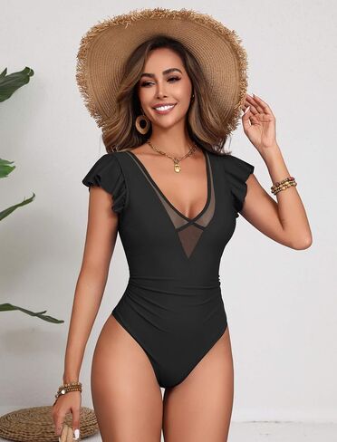 One Piece Swimsuits for Women Sexy Mesh Deep V Neck Bathing Suit Ruffle Cap Sleeve Tummy Control Swimwear in Saudi Arabia