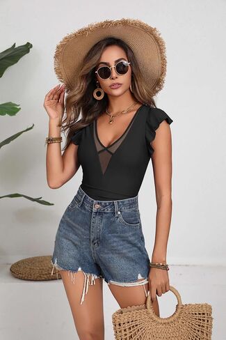 One Piece Swimsuits for Women Sexy Mesh Deep V Neck Bathing Suit Ruffle Cap Sleeve Tummy Control Swimwear in Saudi Arabia