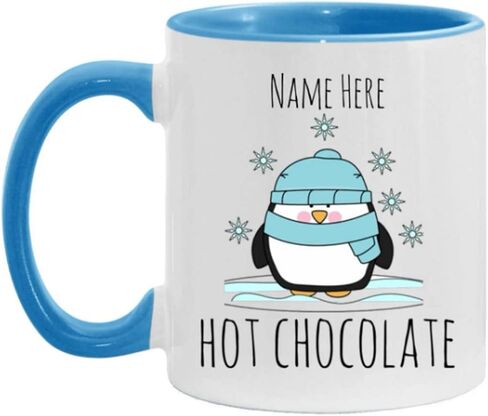 Custom Hot Chocolate Mug Gift Personalized Kids Hot Cocoa Mugs Custom Coffee Cup Penguin Keepsake Ceramic Tea Cup (11oz Blue Handle) in Saudi Arabia
