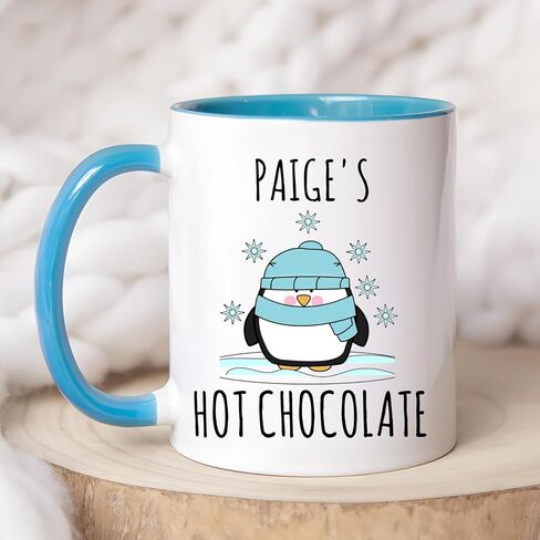 Custom Hot Chocolate Mug Gift Personalized Kids Hot Cocoa Mugs Custom Coffee Cup Penguin Keepsake Ceramic Tea Cup (11oz Blue Handle) in Saudi Arabia