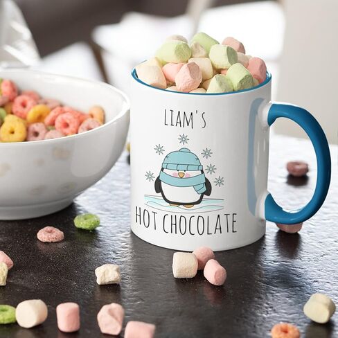 Custom Hot Chocolate Mug Gift Personalized Kids Hot Cocoa Mugs Custom Coffee Cup Penguin Keepsake Ceramic Tea Cup (11oz Blue Handle) in Saudi Arabia