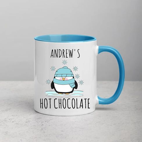 Custom Hot Chocolate Mug Gift Personalized Kids Hot Cocoa Mugs Custom Coffee Cup Penguin Keepsake Ceramic Tea Cup (11oz Blue Handle) in Saudi Arabia