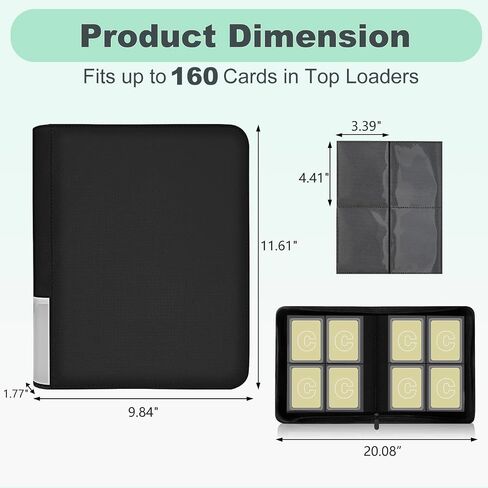 4 Pocket Top loader Binder for 160 3" x 4" Toploaders, Side Loading Trading Card Folder, Waterproof PU Leather, Ringless, Double-Sided Pockets for MTG, TCG, Sports Cards, Black in Saudi Arabia