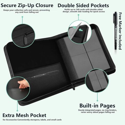 4 Pocket Top loader Binder for 160 3" x 4" Toploaders, Side Loading Trading Card Folder, Waterproof PU Leather, Ringless, Double-Sided Pockets for MTG, TCG, Sports Cards, Black in Saudi Arabia