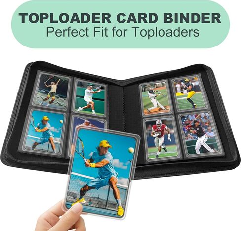 4 Pocket Top loader Binder for 160 3" x 4" Toploaders, Side Loading Trading Card Folder, Waterproof PU Leather, Ringless, Double-Sided Pockets for MTG, TCG, Sports Cards, Black in Saudi Arabia