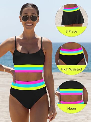 popvil High Waisted Bikini Sets: Womens Tummy Control Swimsuits Neon Swimwear 3 Piece Bathing Suits with Skirt 2026 in Saudi Arabia