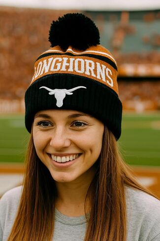 Officially Licensed Texas University Cuffed Knit Pom Beanie Black/Orange/White Hat Classic Edition Embroidered Team Logo Winter Sports Cap in Saudi Arabia