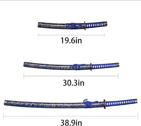 FullTang Iaido Samurai Sword 3-Piece Set, Japanese Samurai Swords with Display Stand, Engraved Scabbard, 1045 Medium Carbon Steel, Available in Blue, Black, Bamboo Leaf in Kuwait