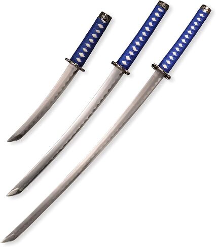 FullTang Iaido Samurai Sword 3-Piece Set, Japanese Samurai Swords with Display Stand, Engraved Scabbard, 1045 Medium Carbon Steel, Available in Blue, Black, Bamboo Leaf in Kuwait