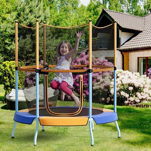 GYMAX Toddler Trampoline, 48" ASTM Approved Indoor Trampoline with All Round Enclosure Net & Large U-Shape Access, Seamless Small Kids Trampoline for Outdoor, Backyard, Gift for Boys Girls in Saudi Arabia