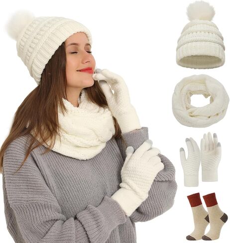 4pcs Winter Beanie Hat Scarf Touch Screen Gloves Warm Knit Socks Set for Women Knit Hat with Faux Fur Ball Scarves Glove in Kuwait