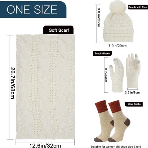 4pcs Winter Beanie Hat Scarf Touch Screen Gloves Warm Knit Socks Set for Women Knit Hat with Faux Fur Ball Scarves Glove in Kuwait