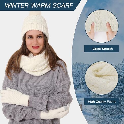 4pcs Winter Beanie Hat Scarf Touch Screen Gloves Warm Knit Socks Set for Women Knit Hat with Faux Fur Ball Scarves Glove in Kuwait
