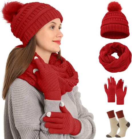 4pcs Winter Beanie Hat Scarf Touch Screen Gloves Warm Knit Socks Set for Women Knit Hat with Faux Fur Ball Scarves Glove in Kuwait