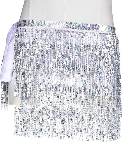 Women Belly Dance Skirt Tassel Fringe Skirts Sparkly Sequin Hip Scarf Party Costume in Saudi Arabia