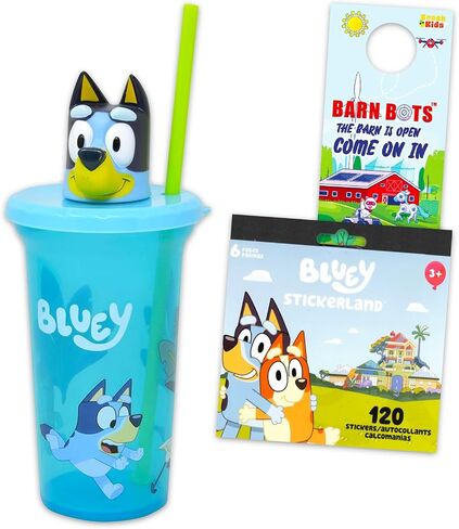 Bluey Cup with Lid 15oz for Kids, Girls, Boys - 4-Piece School Supplies Bundle with Drinking Straw Bottle, Stickers, Plus More | Bluey Drinking Water Bottle for Kids in Saudi Arabia