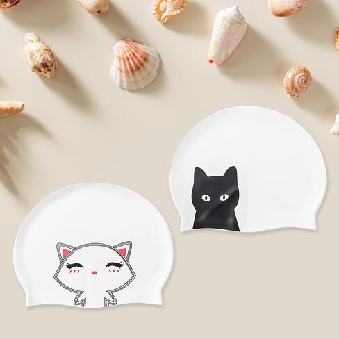 2 Pcs Silicone Swim Caps for Women Swimming Caps with Cartoon Pattern for Long Short Hair Men Adults,Waterproof Non-Slip Comfy Bathing Cap Swim Hat to Keep Hair Dry(2 Styles) in Saudi Arabia