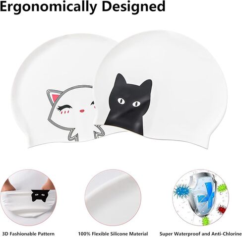 2 Pcs Silicone Swim Caps for Women Swimming Caps with Cartoon Pattern for Long Short Hair Men Adults,Waterproof Non-Slip Comfy Bathing Cap Swim Hat to Keep Hair Dry(2 Styles) in Saudi Arabia