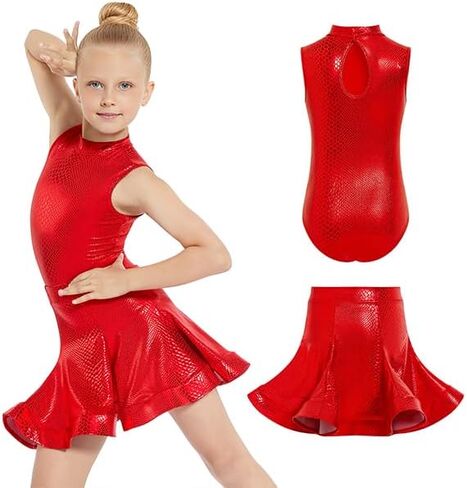 Gogokids 2Pcs Girls Latin Dance Dress Sparkly Ballet Tango Dancewear Rumba Samba Costume with Removable Flare Skirt 5-12Y in Saudi Arabia