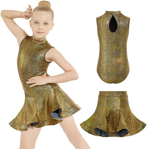 Gogokids 2 قطعة فستان رقص لاتيني للفتيات سباركلي باليه تانجو ملابس رقص رومبا سامبا مع تنورة مضيئة قابلة للإزالة 5-12 سنة in Kuwait