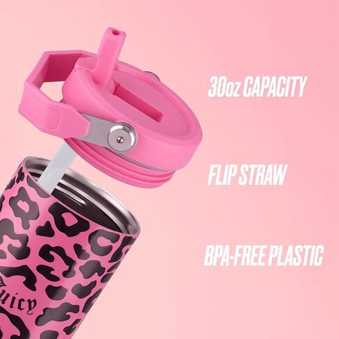 Juicy Couture Flip & Sip Insulated Tumbler with Handle and Straw, 30 oz, Hot Pink Leopard in Saudi Arabia