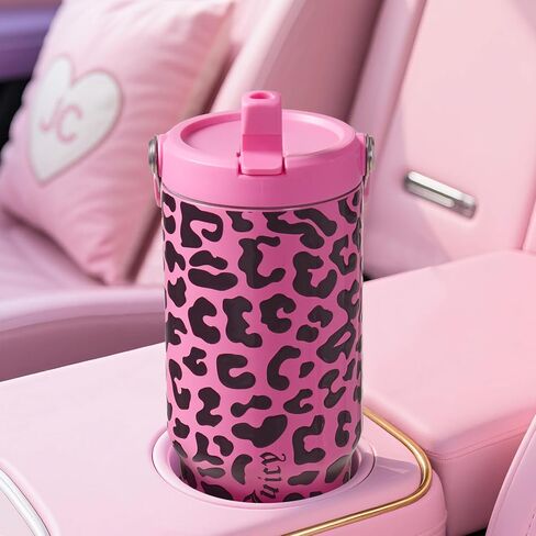 Juicy Couture Flip & Sip Insulated Tumbler with Handle and Straw, 30 oz, Hot Pink Leopard in Saudi Arabia