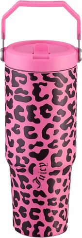 Juicy Couture Flip & Sip Insulated Tumbler with Handle and Straw, 30 oz, Hot Pink Leopard in Saudi Arabia