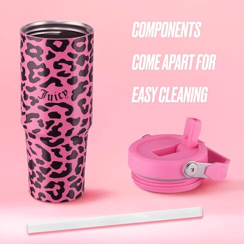 Juicy Couture Flip & Sip Insulated Tumbler with Handle and Straw, 30 oz, Hot Pink Leopard in Saudi Arabia