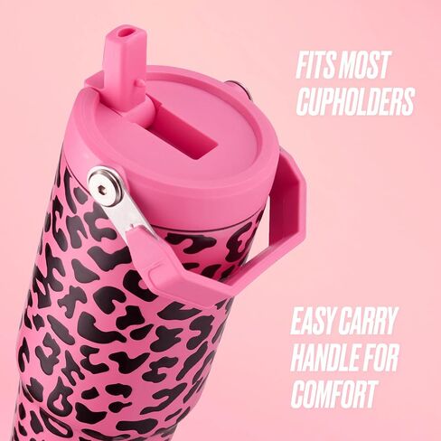 Juicy Couture Flip & Sip Insulated Tumbler with Handle and Straw, 30 oz, Hot Pink Leopard in Saudi Arabia