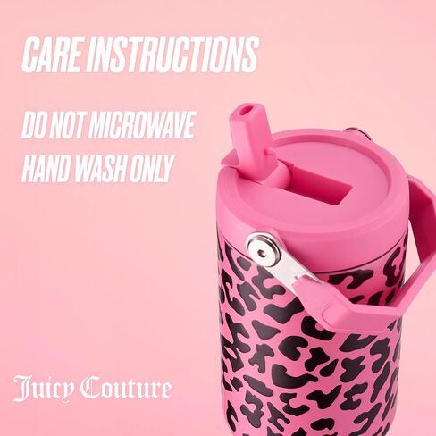 Juicy Couture Flip & Sip Insulated Tumbler with Handle and Straw, 30 oz, Hot Pink Leopard in Saudi Arabia