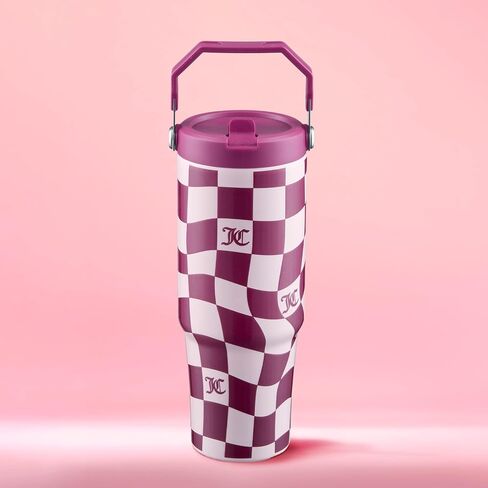 Juicy Couture Flip & Sip Insulated Tumbler with Handle and Straw, 30 oz, Hot Pink Leopard in Saudi Arabia