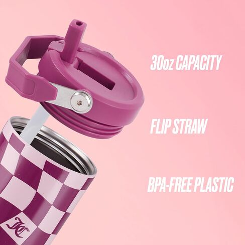 Juicy Couture Flip & Sip Insulated Tumbler with Handle and Straw, 30 oz, Hot Pink Leopard in Saudi Arabia