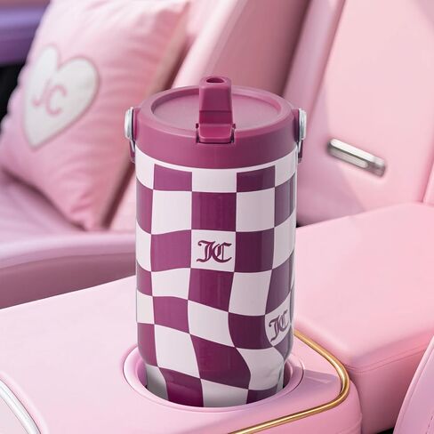 Juicy Couture Flip & Sip Insulated Tumbler with Handle and Straw, 30 oz, Hot Pink Leopard in Saudi Arabia