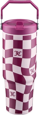 Juicy Couture Flip & Sip Insulated Tumbler with Handle and Straw, 30 oz, Hot Pink Leopard in Saudi Arabia