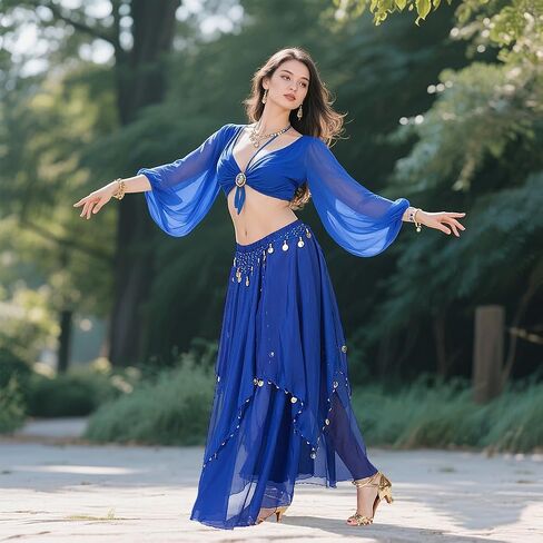 Belly Dance Skirt with Coins Chiffon Wrap Skirt for Women Hand-Sewn Metallic Coins Skirts Stage Performance & Yoga in Saudi Arabia