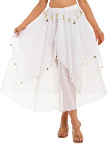 Belly Dance Skirt with Coins Chiffon Wrap Skirt for Women Hand-Sewn Metallic Coins Skirts Stage Performance & Yoga in Saudi Arabia