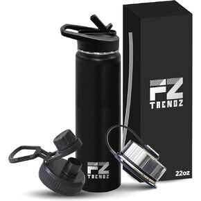 FZ TRENDZ ® Insulated Water Bottle, 22 oz water bottle, Stainless Steel water bottle, 3 Interchangeable Lids, Straw, Leak Free & BPA Free, Black Water Bottle, dishwasher safe water bottle in Saudi Arabia